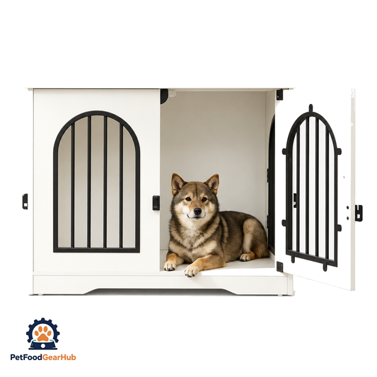 PetFoodGearHub furniture-style indoor dog crate cabinet