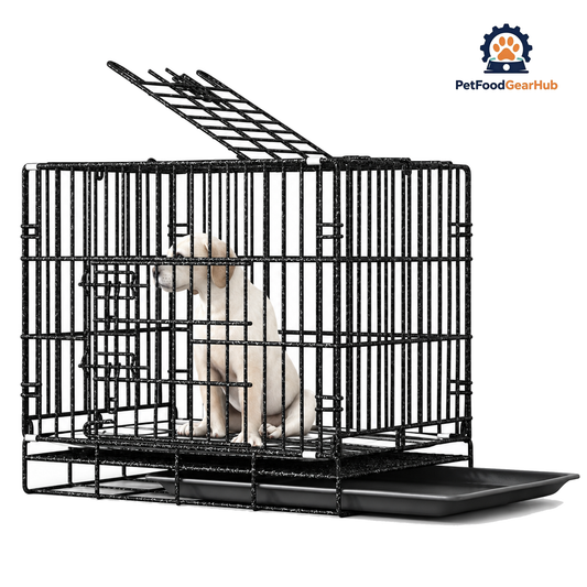 PetFoodGearHub metal dog crate and crate cabinet