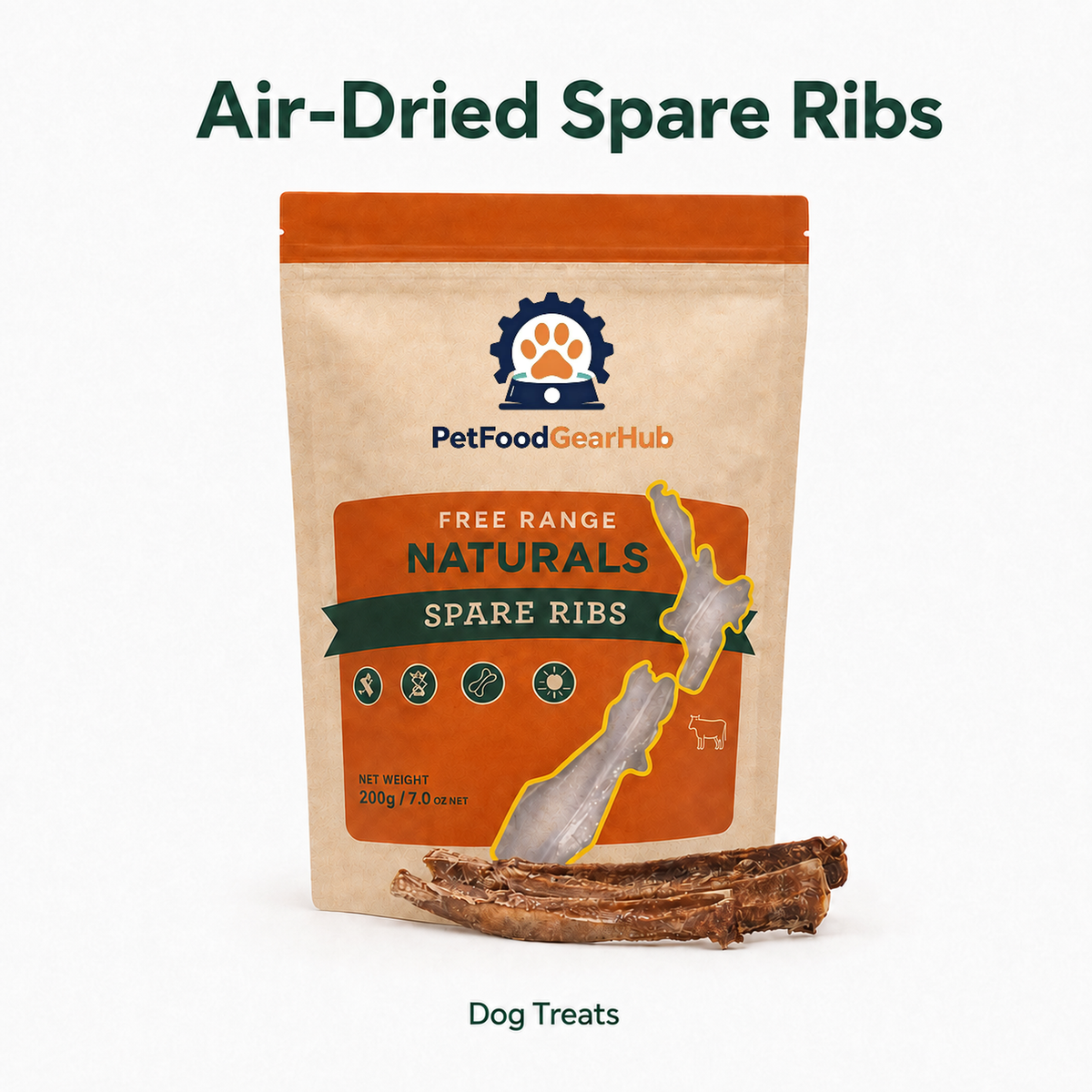Neutral product view of PetFoodGearHub free range spare ribs, showing the 200 g pouch and dried rib treats.