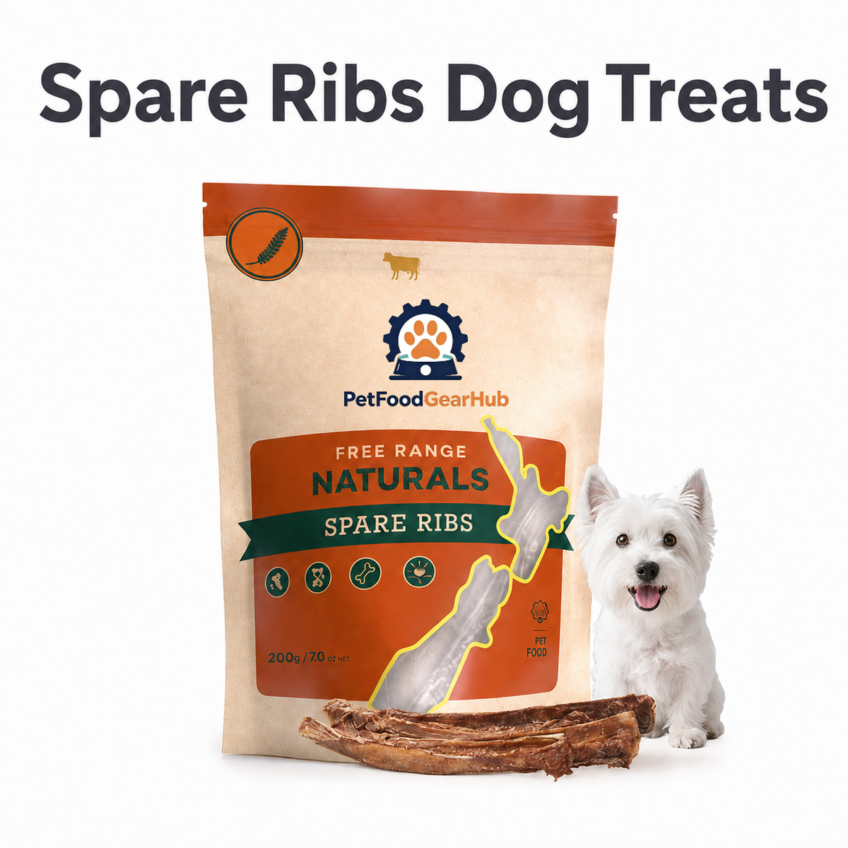 PetFoodGearHub 200 g spare ribs pouch and dried ribs in a neutral display without supplier certification graphics.
