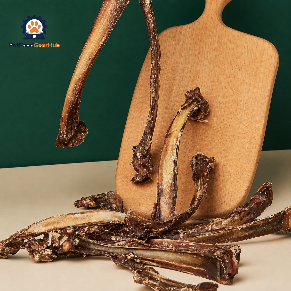 Close-up of dried spare rib treats on a wooden board, showing the natural texture and shape of the ribs.