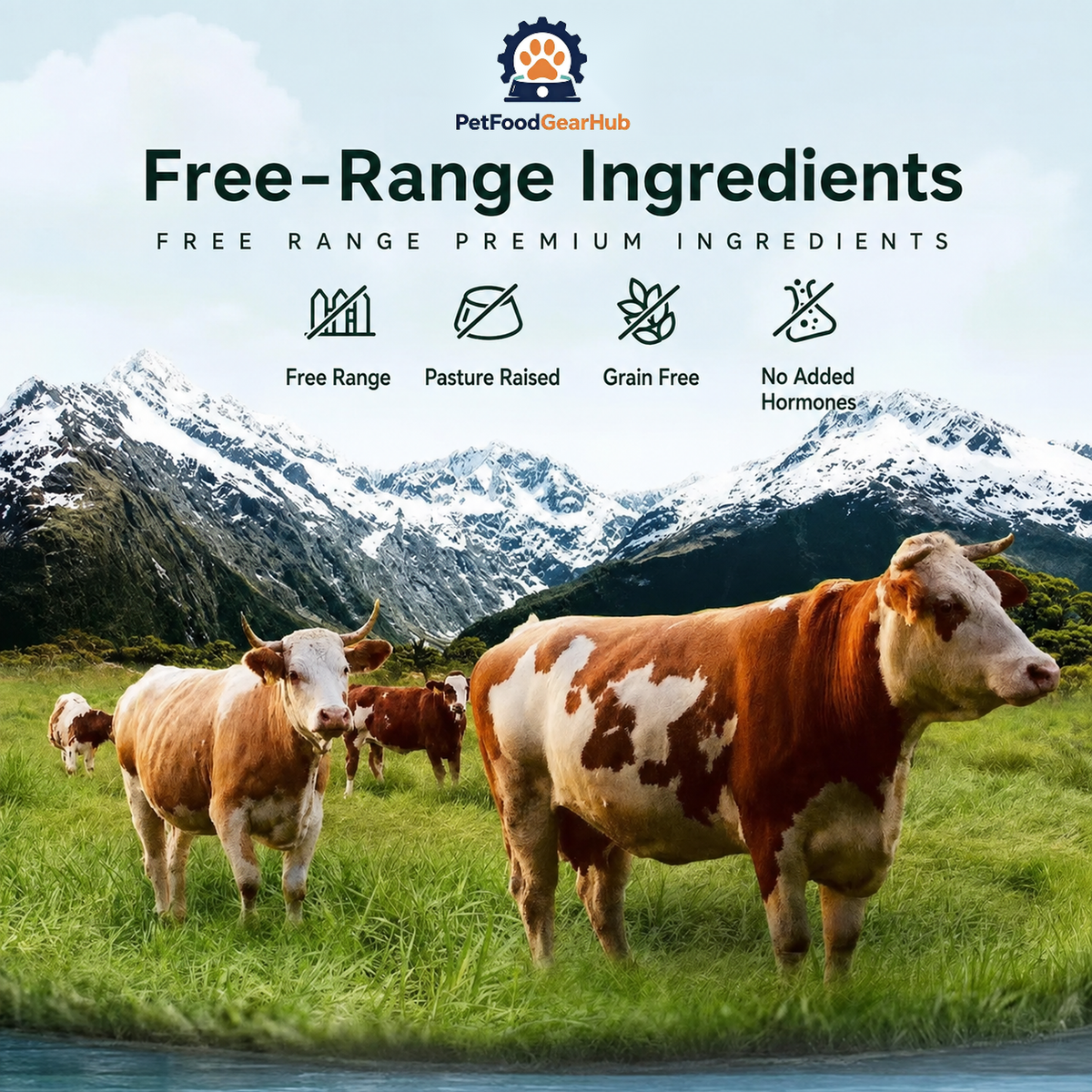 Cattle grazing on a New Zealand pasture with four illustrated ingredient and sourcing facts for dried pet treats.