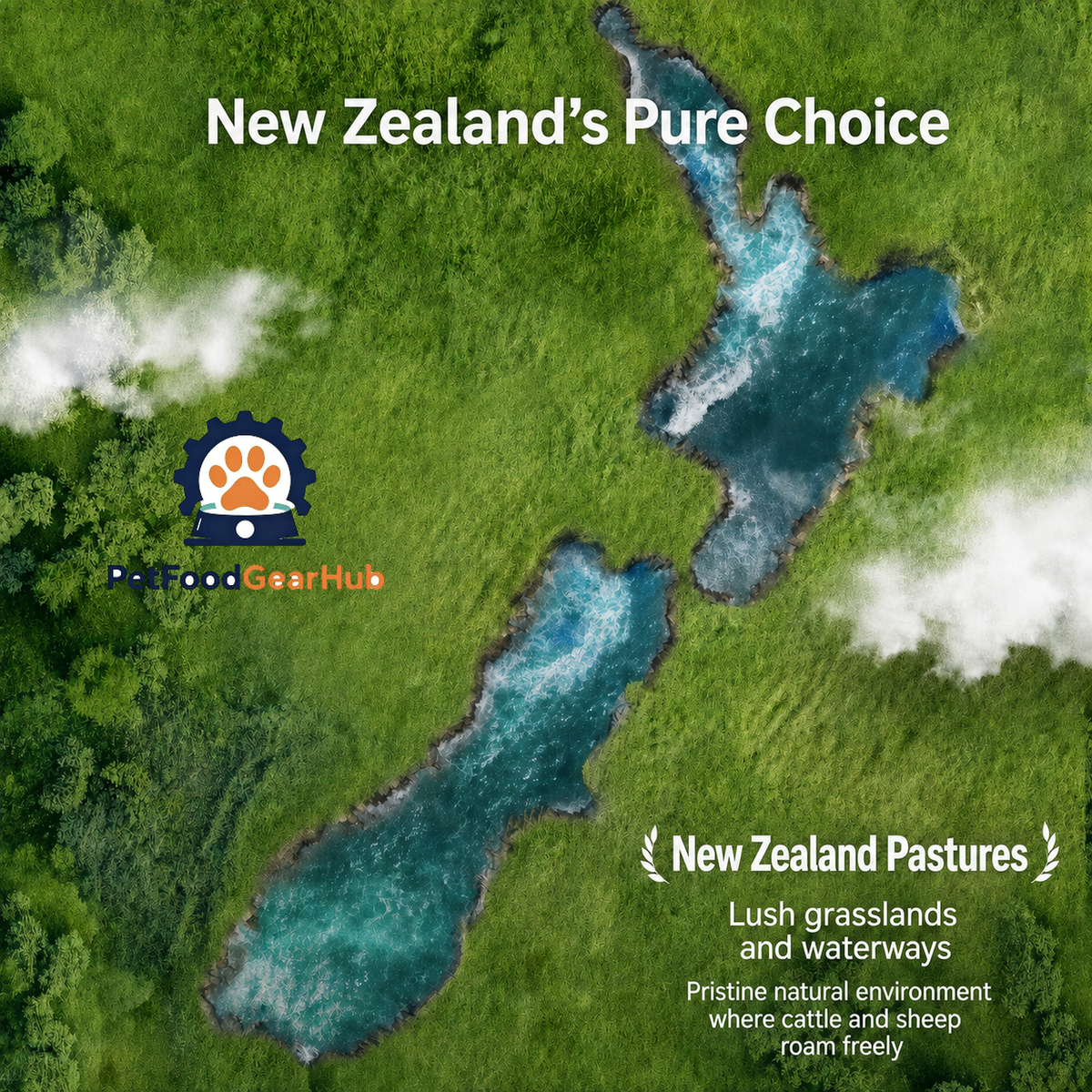 New Zealand river and mountain landscape with PetFoodGearHub branding and English ingredient information.