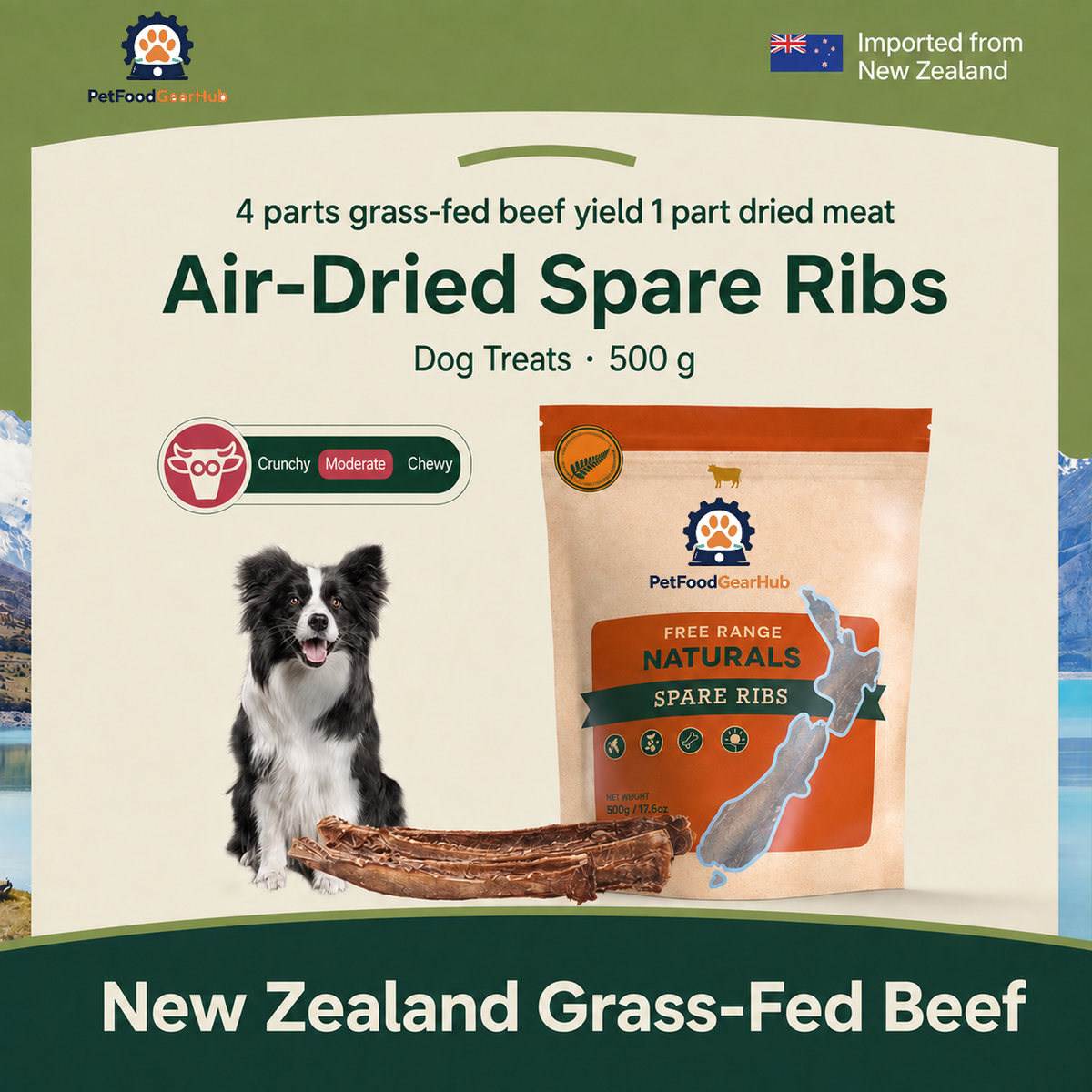 PetFoodGearHub 500 g spare ribs pouch with a border collie, a four-to-one meat ratio diagram and moderate chewing guidance.