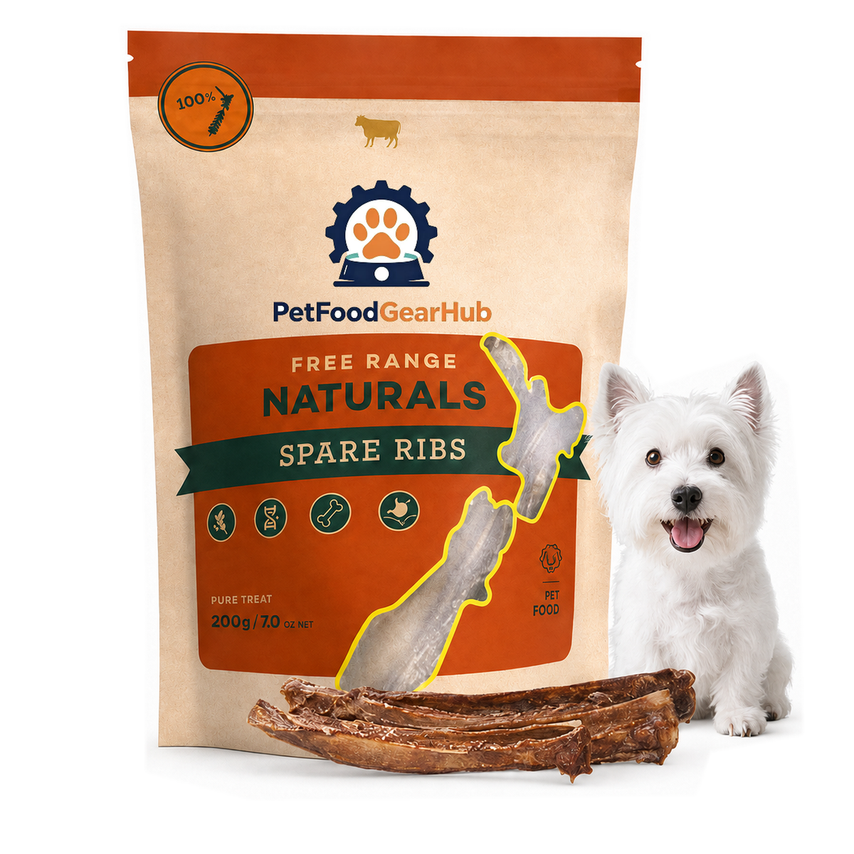 PetFoodGearHub free range spare ribs in a 200 g pouch, shown with a white terrier and dried ribs on a white background.