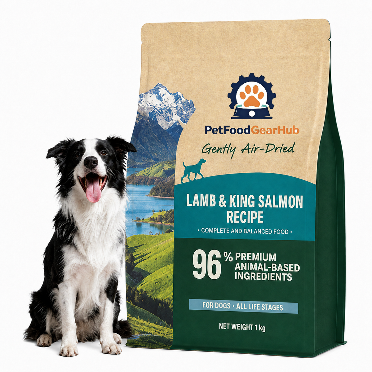 PetFoodGearHub lamb and king salmon air-dried dog food in a green 1 kg pouch with mountain artwork and a border collie.