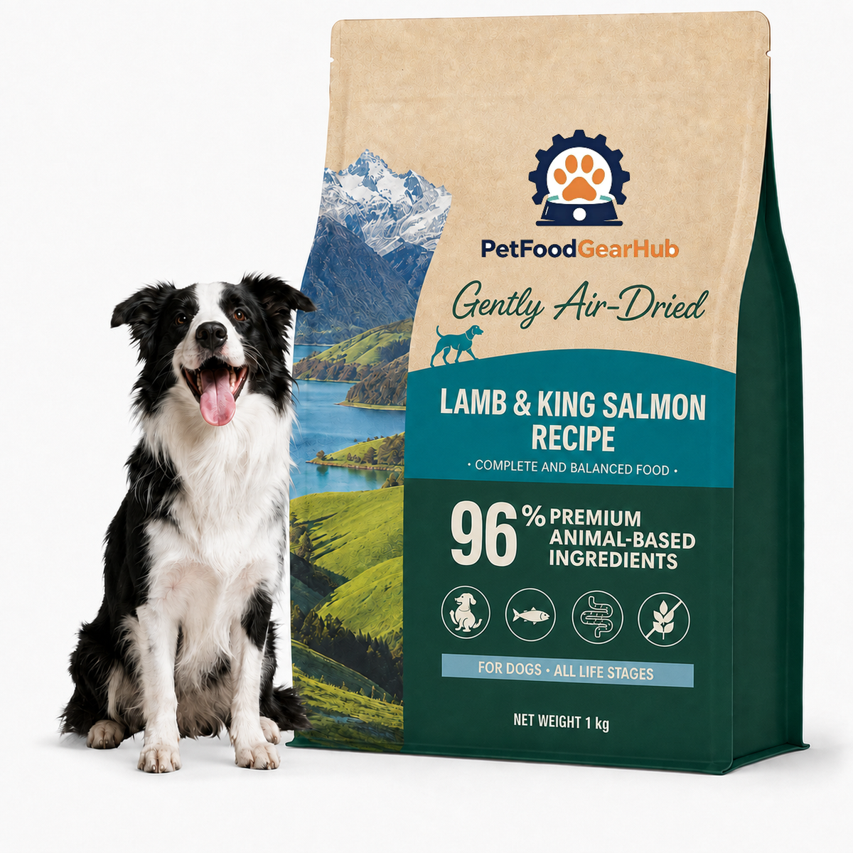 PetFoodGearHub lamb and king salmon dog food, showing the green 1 kg pouch and its original mountain landscape artwork.