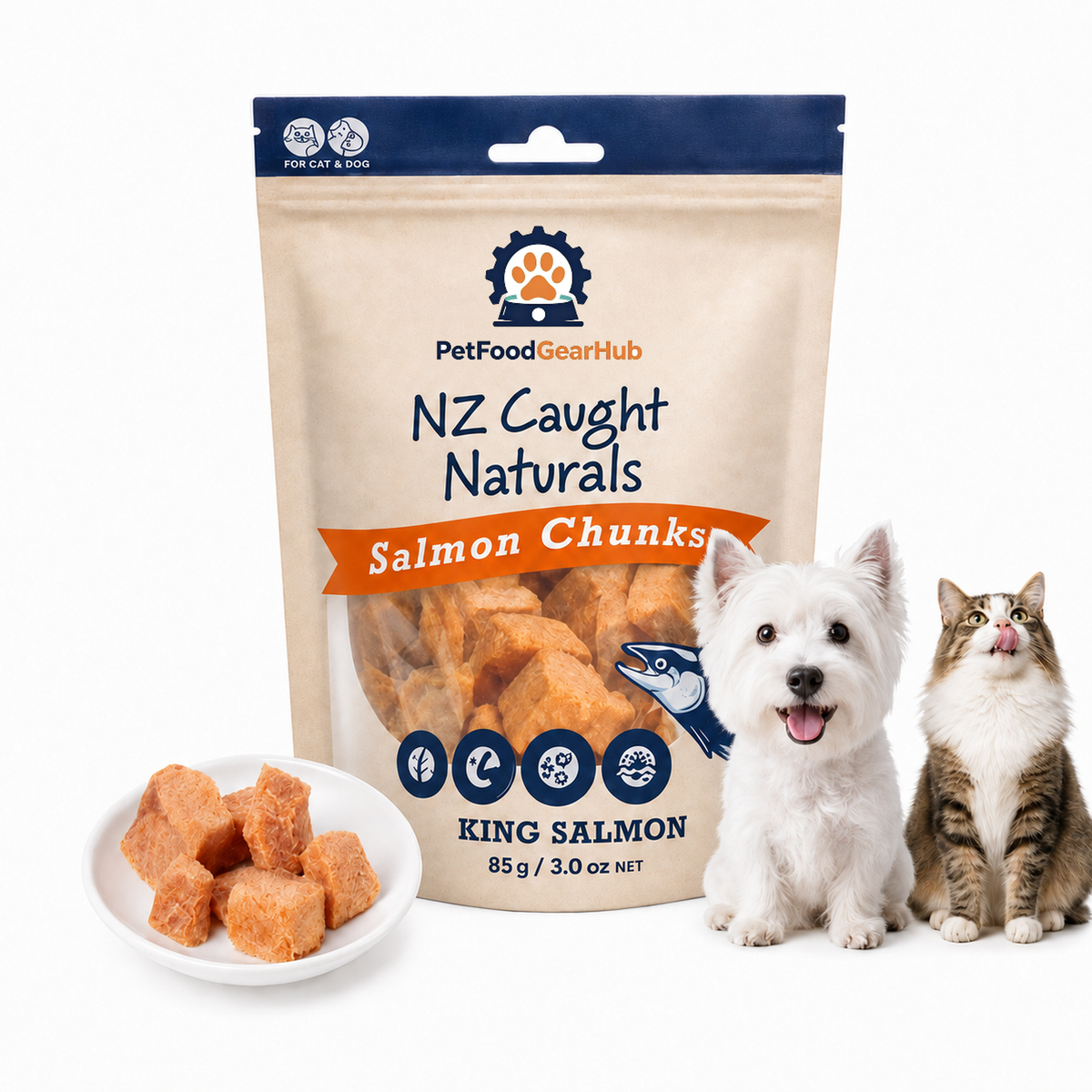 PetFoodGearHub salmon chunks in an 85 g blue pouch, displayed with a terrier, a cat and a dish of dried salmon treats.