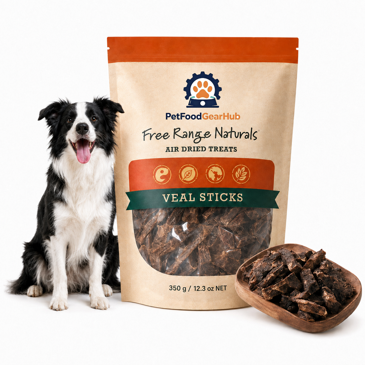 PetFoodGearHub veal sticks in a 350 g orange pouch with a border collie and a scoop of dried stick treats.