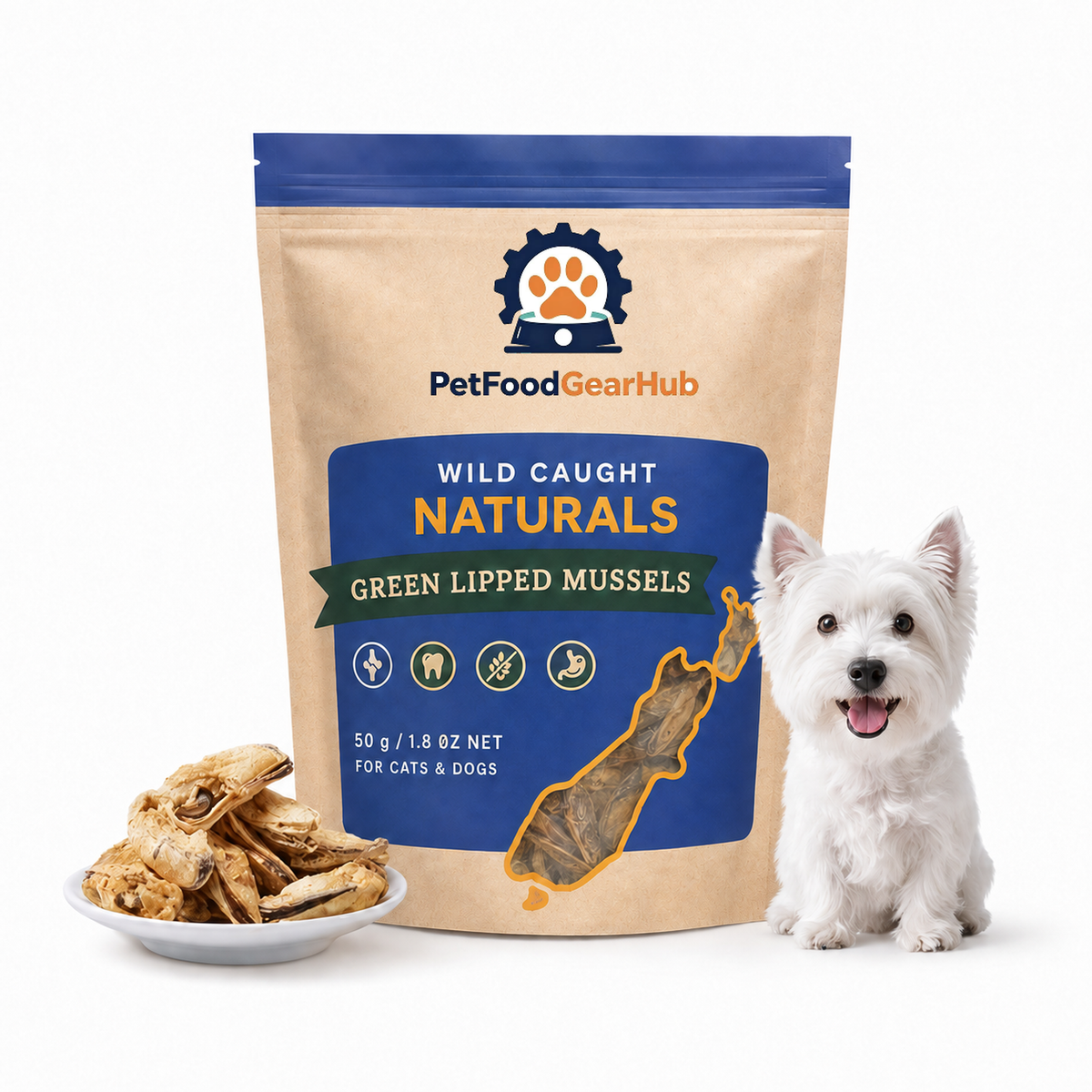PetFoodGearHub green lipped mussels in a 50 g blue pouch, shown with a terrier and a dish of dried mussels.