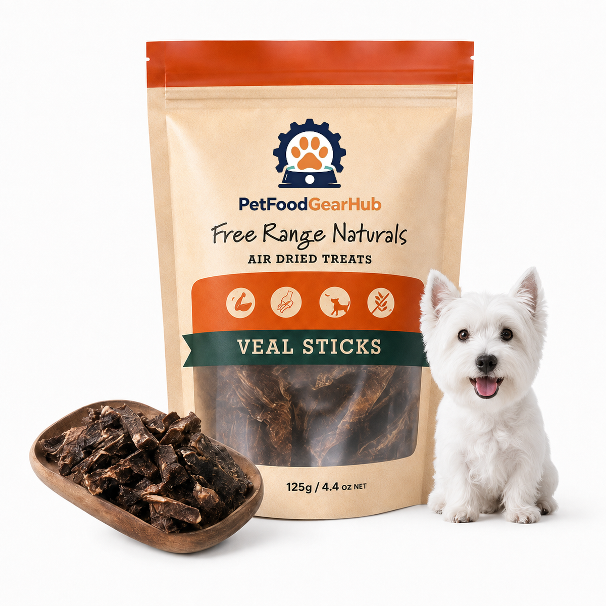 PetFoodGearHub veal sticks in a 125 g orange pouch, displayed with a terrier and a scoop of dried veal treats.