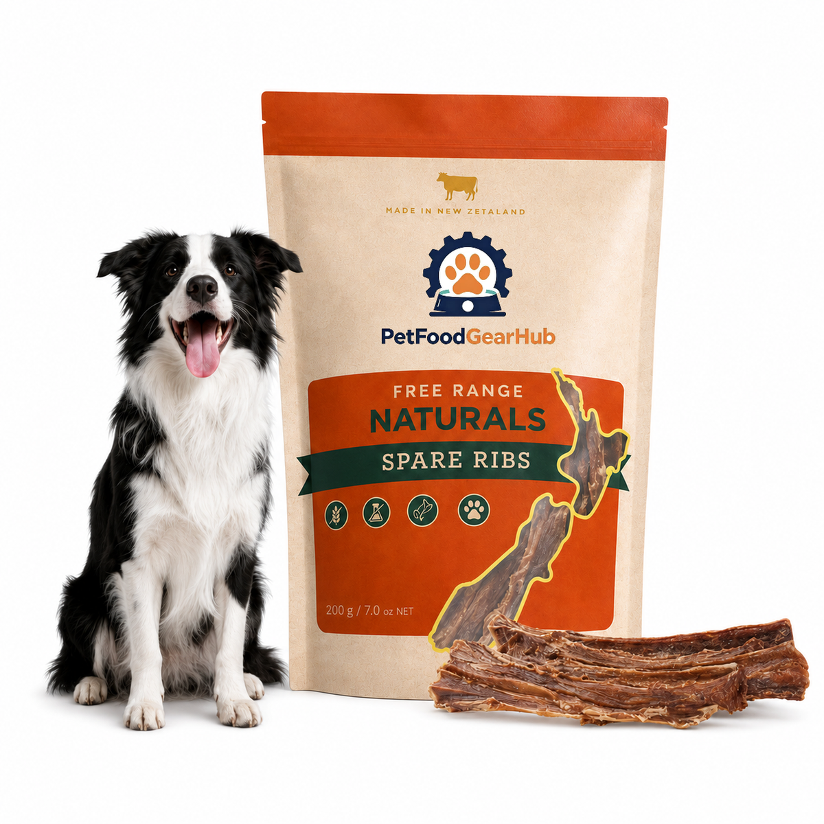 PetFoodGearHub spare ribs in a 200 g orange pouch, shown with a border collie and dried ribs on a white background.