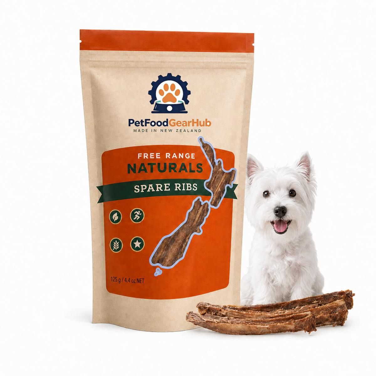 PetFoodGearHub spare ribs in a 125 g orange pouch with a New Zealand-shaped window, displayed beside a terrier.