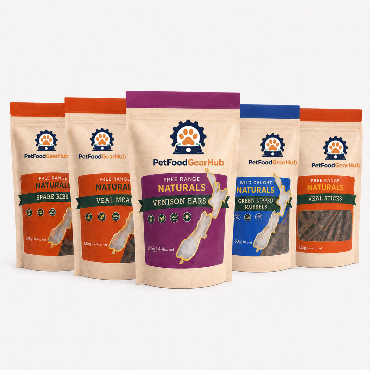 Five PetFoodGearHub treat pouches: spare ribs, veal meat, venison ears and veal sticks at 125 g, plus 50 g mussels.