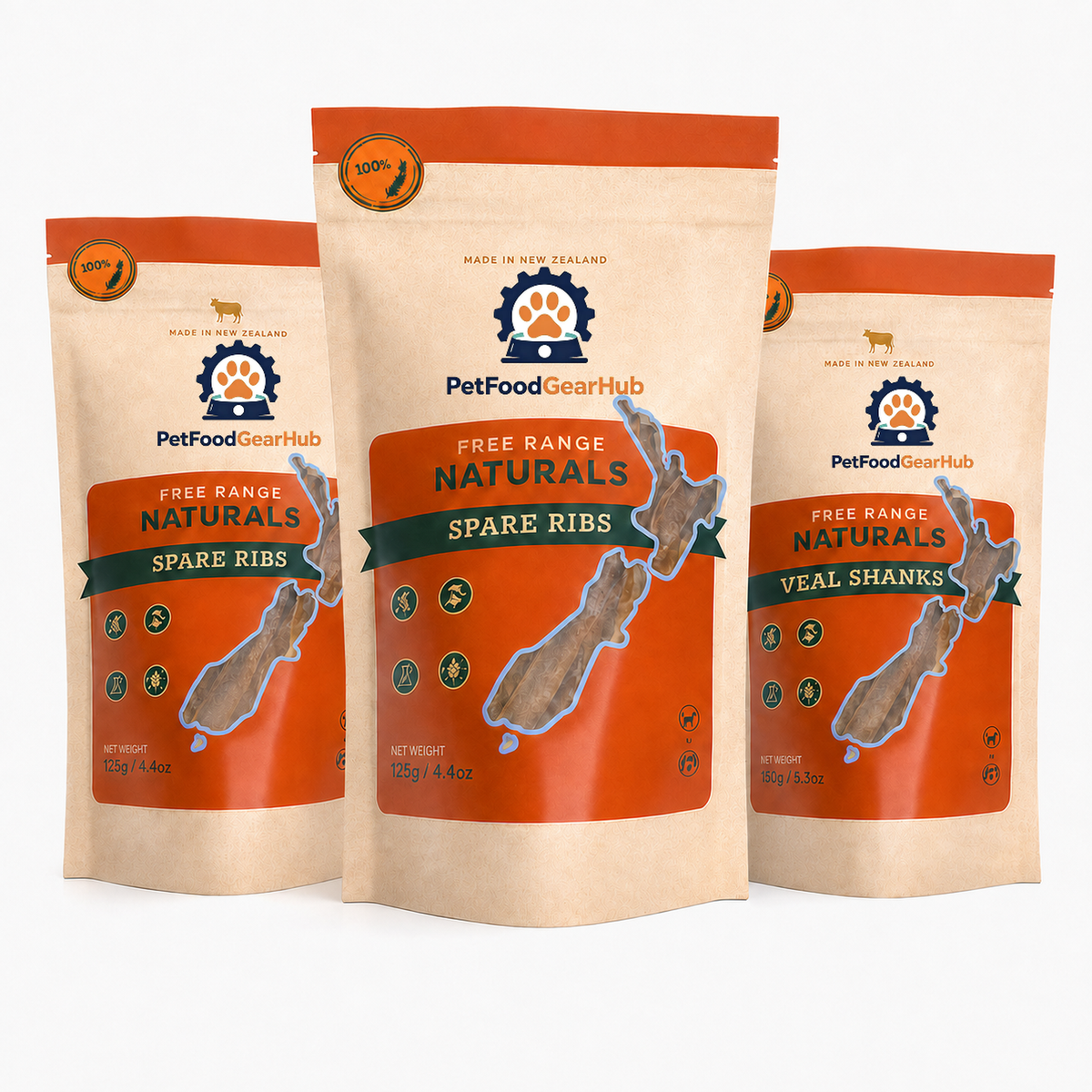 Three overlapping PetFoodGearHub orange treat pouches, including 125 g spare ribs and 150 g veal shanks.