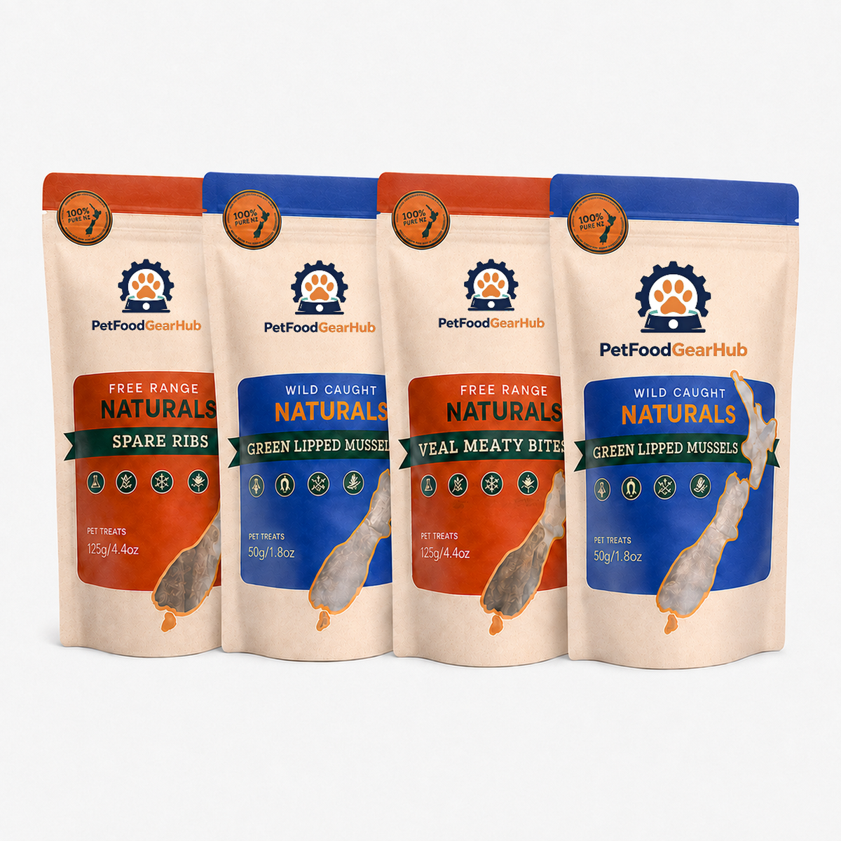 Four PetFoodGearHub pouches: 125 g spare ribs, 125 g veal meaty bites and two 50 g green lipped mussel packs.