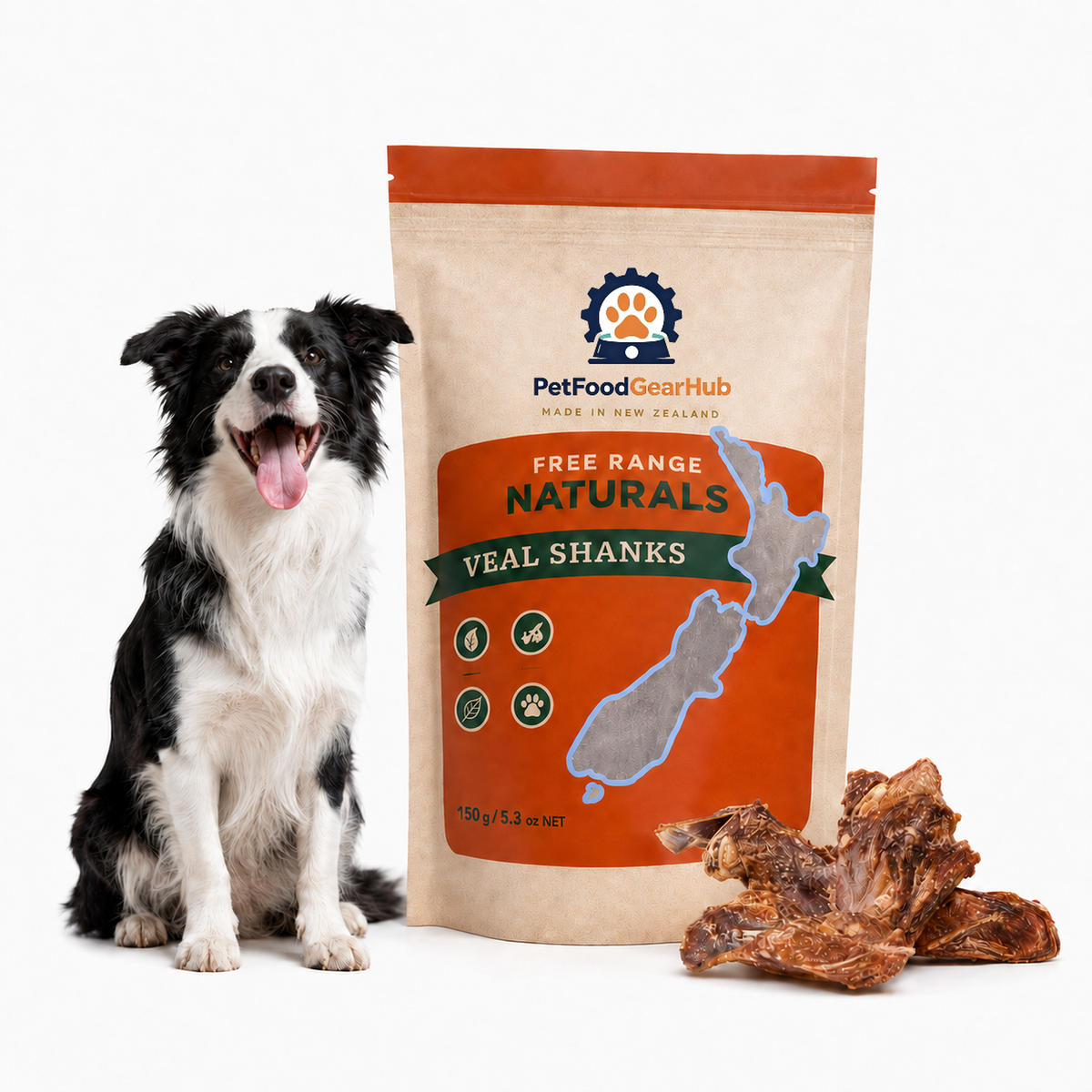 PetFoodGearHub veal shanks in a 150 g orange pouch, displayed with a border collie and dried shank treats.