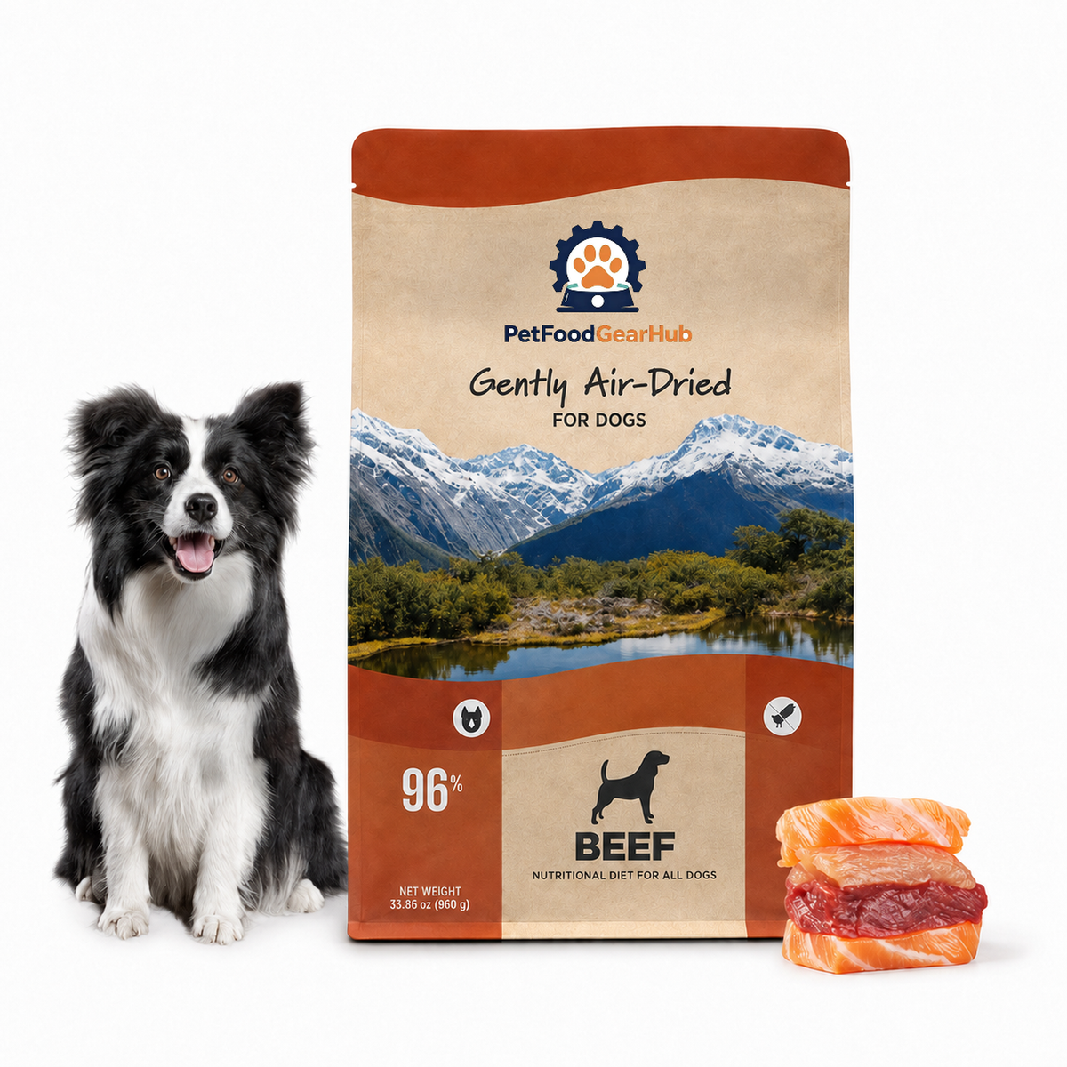 PetFoodGearHub beef air-dried dog food in a 960 g pouch with mountain artwork, a border collie and ingredient pictures.