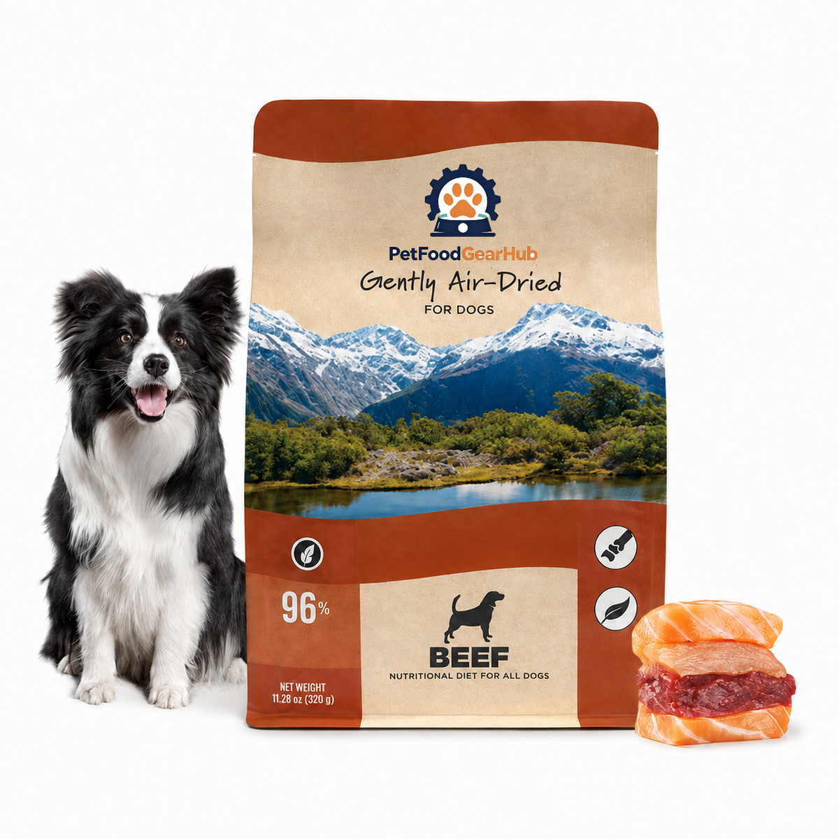 PetFoodGearHub beef air-dried dog food in a 320 g pouch, retaining the mountain landscape and beef recipe artwork.