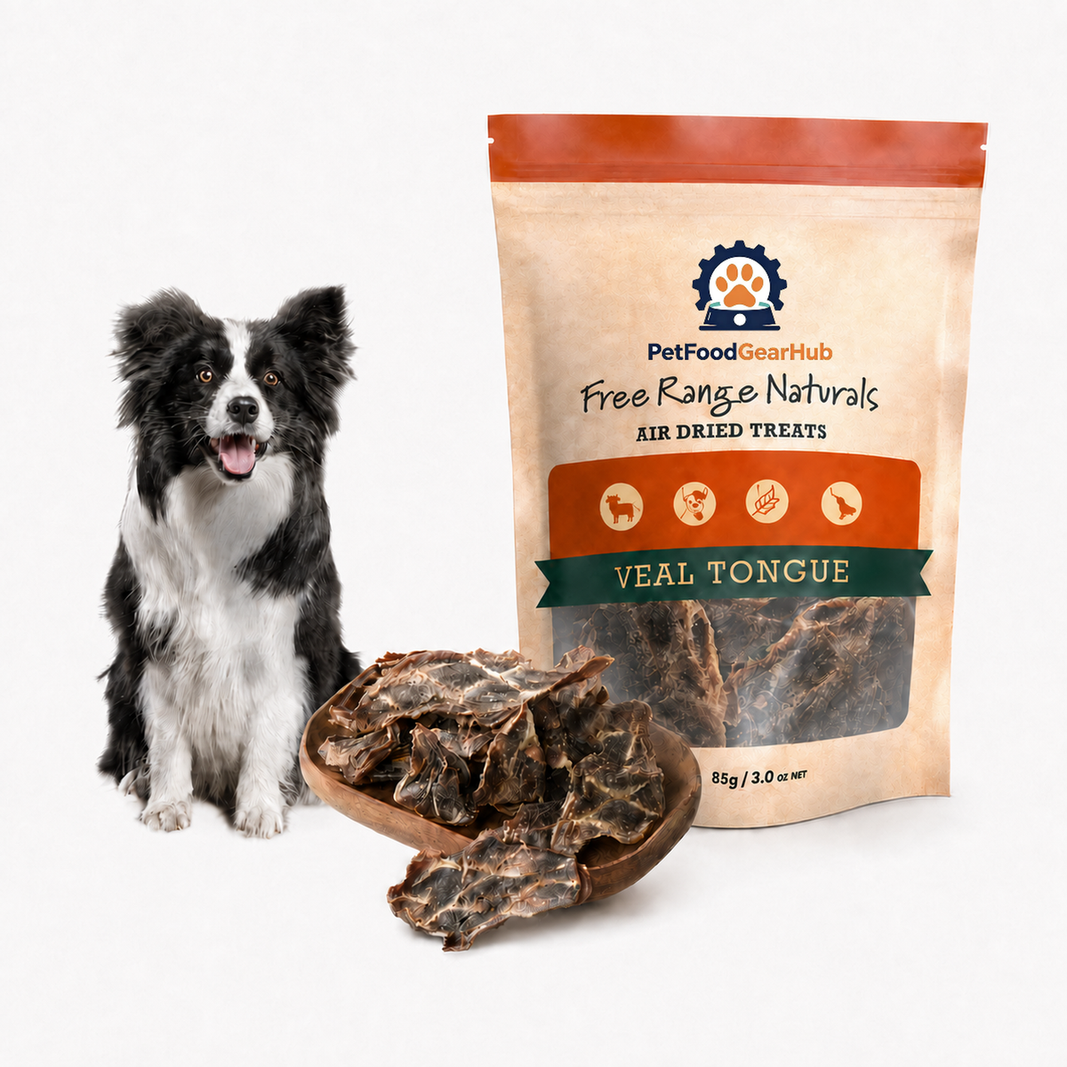 PetFoodGearHub veal tongue treats in an 85 g orange pouch, with a border collie and a wooden scoop of dried tongue.