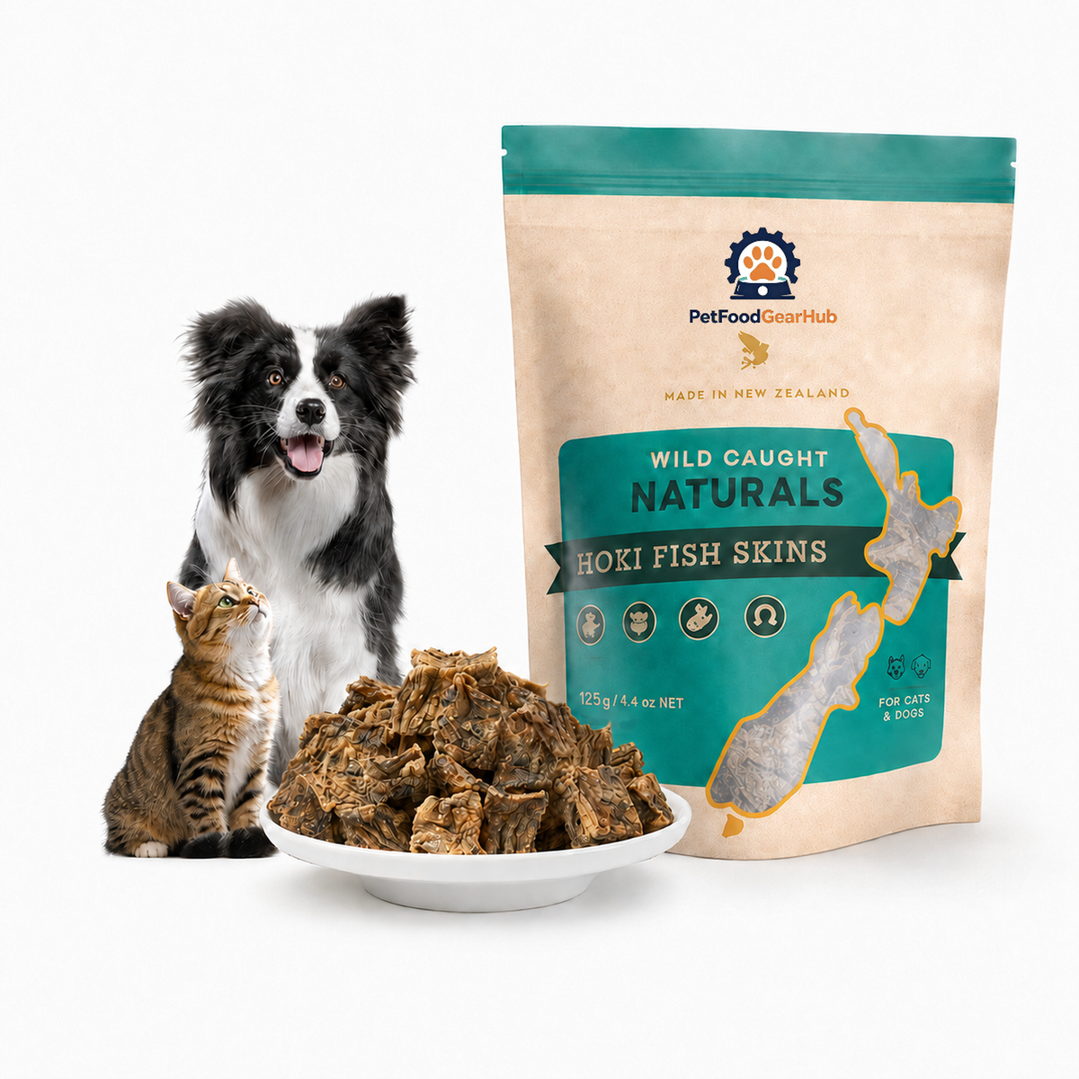 PetFoodGearHub hoki fish skins in a 125 g teal pouch, shown with a border collie, cat and a dish of dried fish skins.