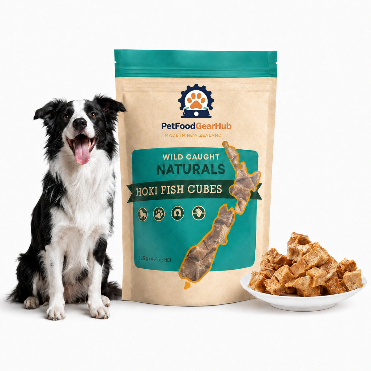 PetFoodGearHub hoki fish cubes in a 125 g teal pouch, displayed with a border collie and a dish of dried fish treats.
