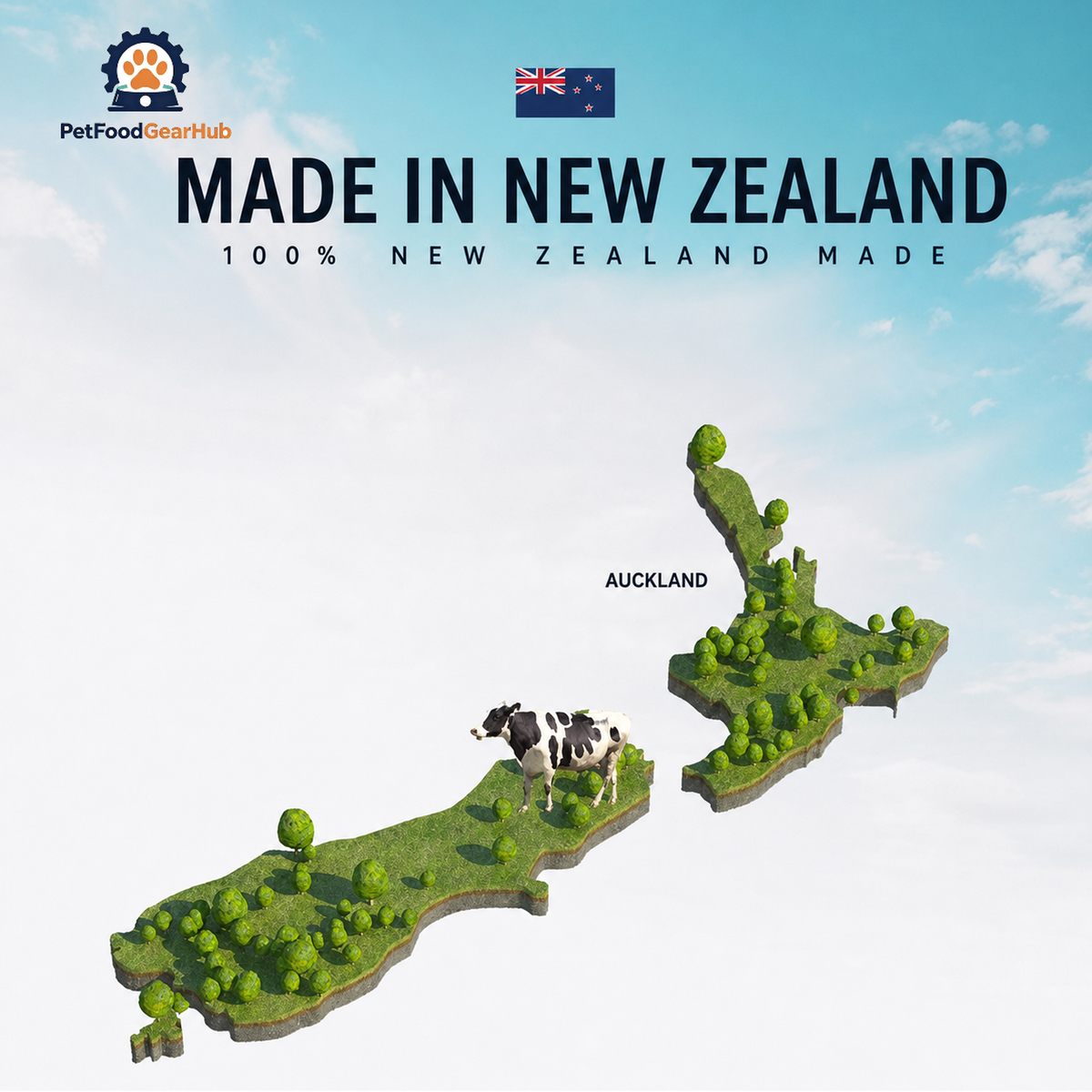 Illustrated New Zealand map with a cow, Auckland marker and product origin information, without manufacturer claims.