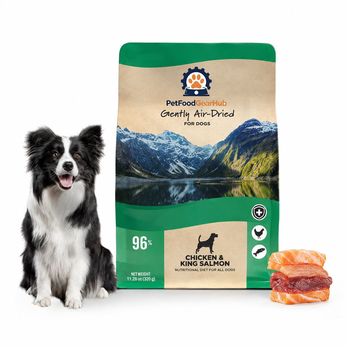 PetFoodGearHub chicken and king salmon air-dried dog food in a green 320 g pouch with mountain landscape artwork.