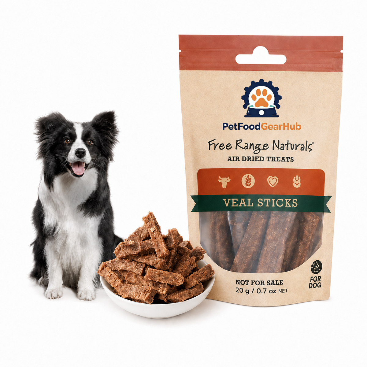 PetFoodGearHub 20 g veal sticks sample pouch marked Not for Sale, displayed with a border collie and dried treats.
