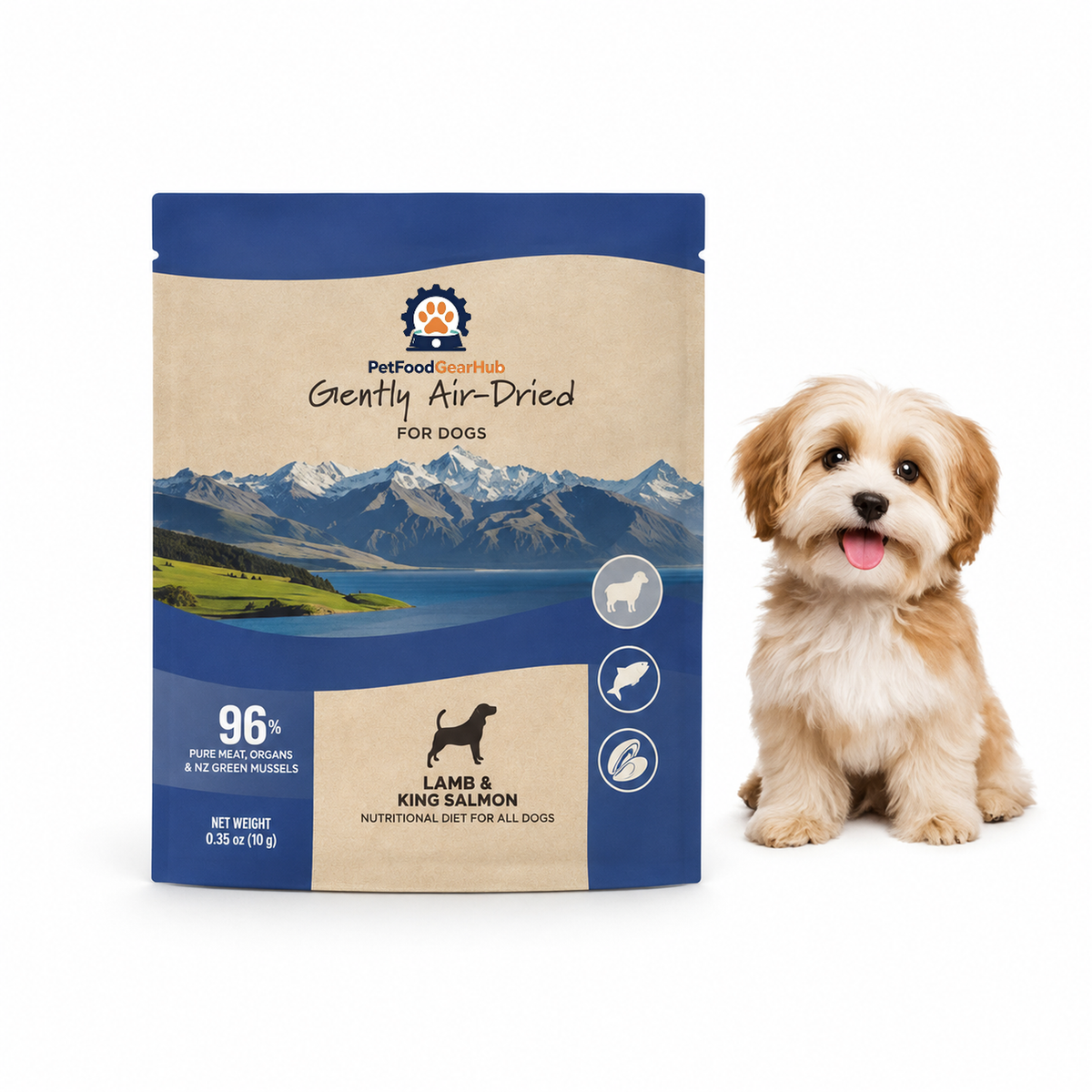 PetFoodGearHub lamb and king salmon air-dried dog food in a flat blue 10 g sample pouch beside a tan and white dog.