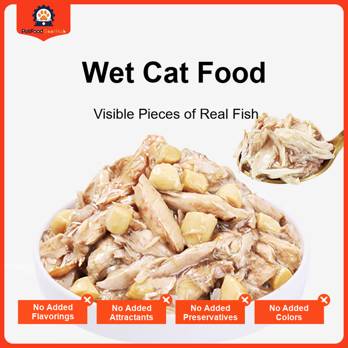 PetFoodGearHub Tuna and salmon wet cat food with fish ingredients and a serving illustration