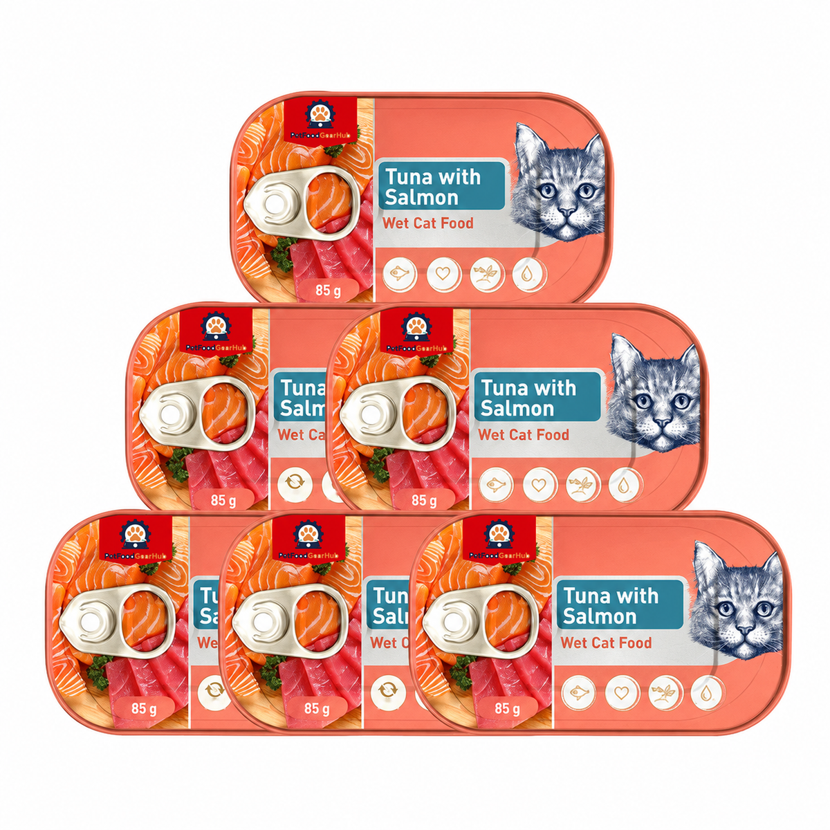 PetFoodGearHub Six 85 g tuna and salmon cat food trays arranged in a pyramid