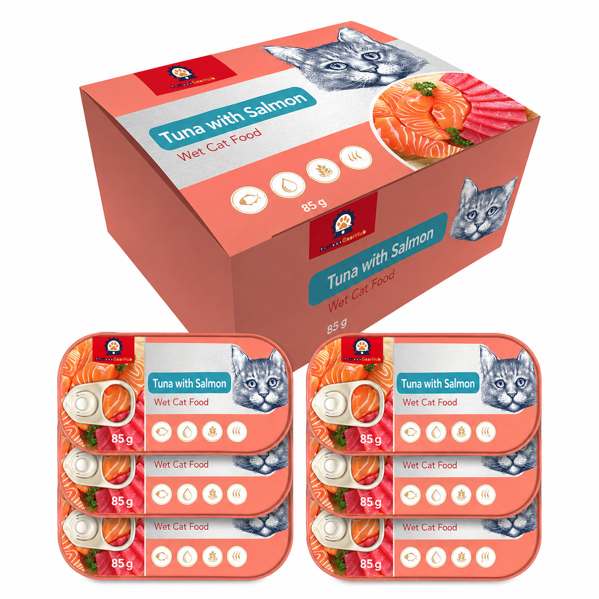 PetFoodGearHub Tuna and salmon cat food carton with stacked 85 g trays