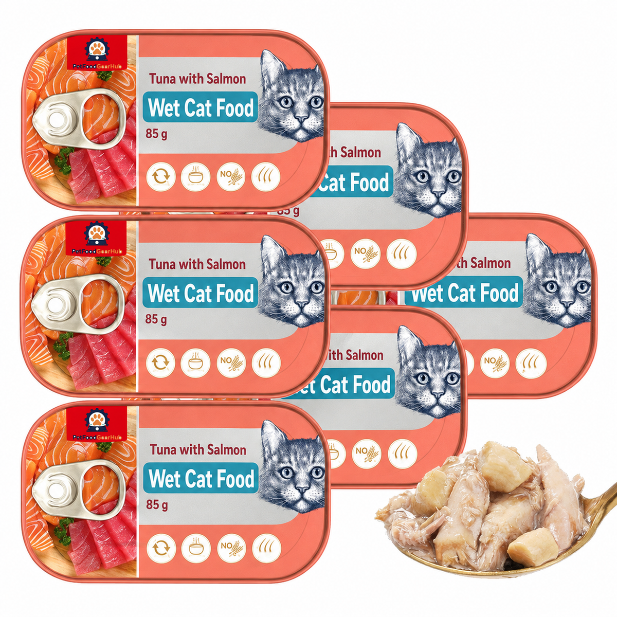 PetFoodGearHub Tuna and salmon 85 g cat food trays with a spoonful of wet food