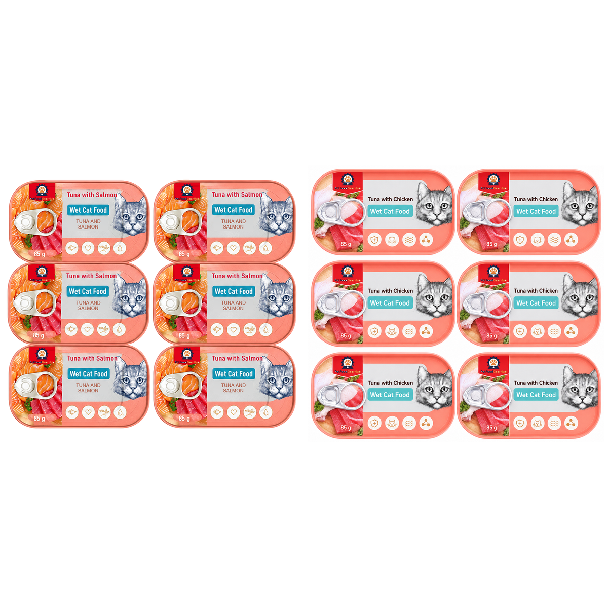 PetFoodGearHub Tuna and salmon trays beside tuna and chicken trays in a mixed recipe selection