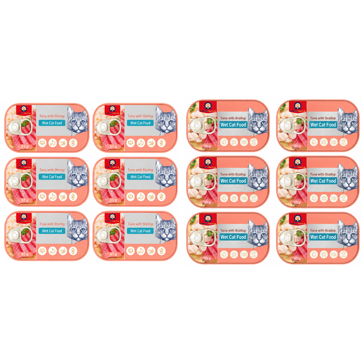 PetFoodGearHub Tuna and shrimp trays beside tuna and scallop trays in a mixed recipe selection