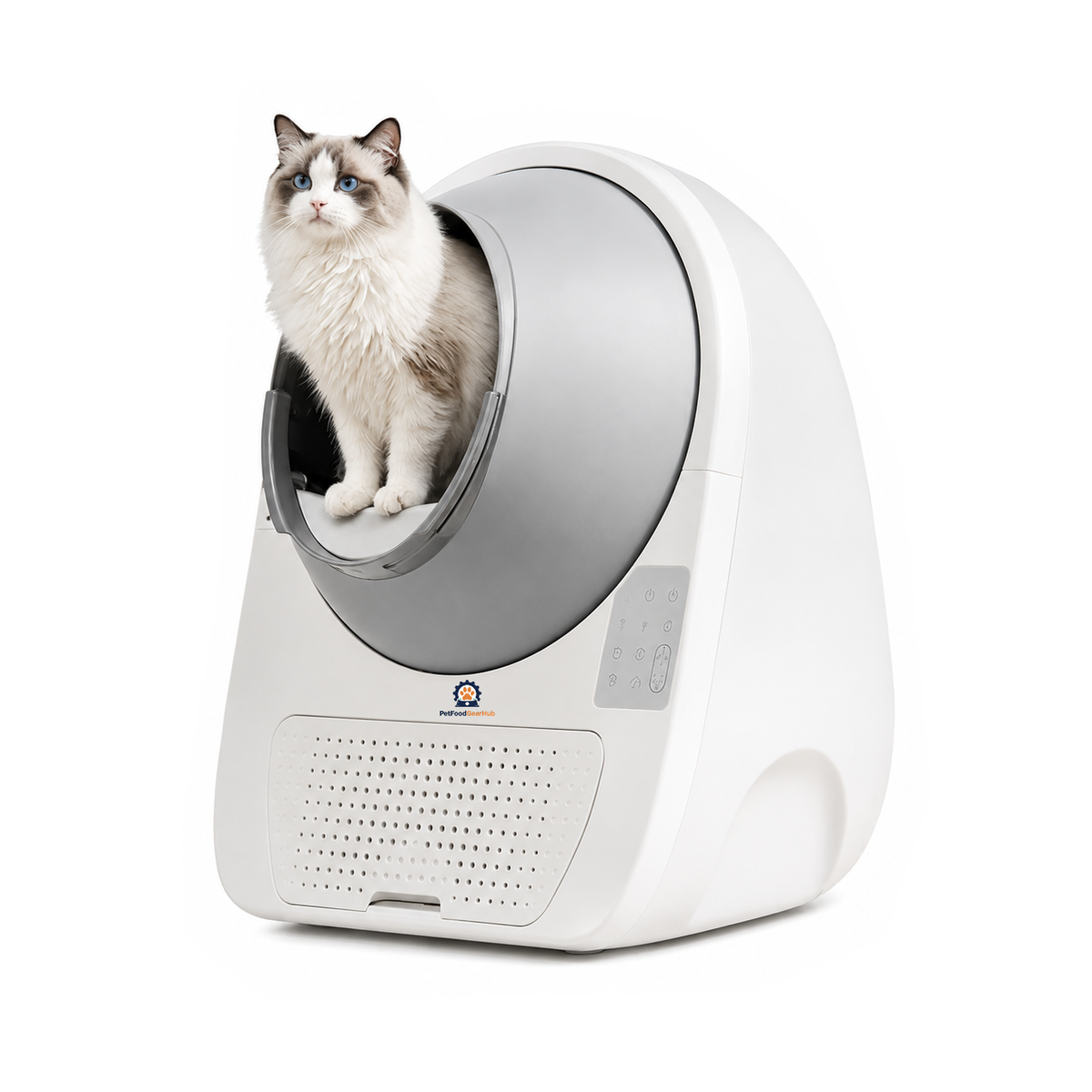 PetFoodGearHub ProX automatic litter box with an angled gray drum, perforated waste drawer, and a Ragdoll cat inside.