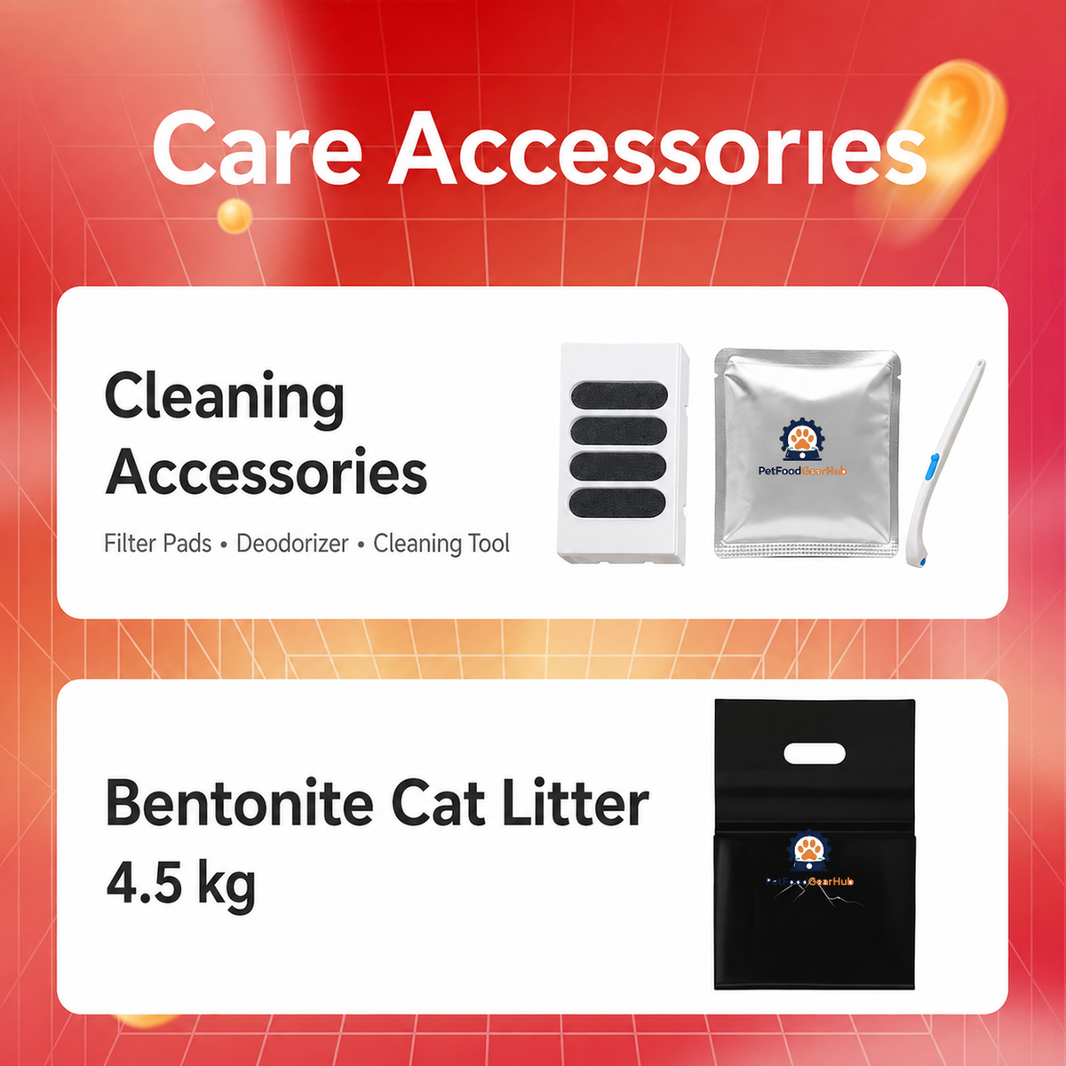 Care-accessory display showing filter pads, deodorizer, a cleaning tool, and a separate 4.5 kg bentonite cat litter bag.