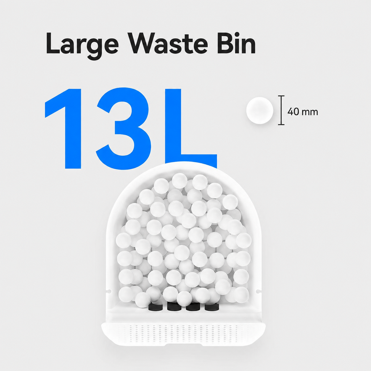 ProX 13 L waste drawer pictured with white 40 mm balls to illustrate the bin's interior shape and capacity.