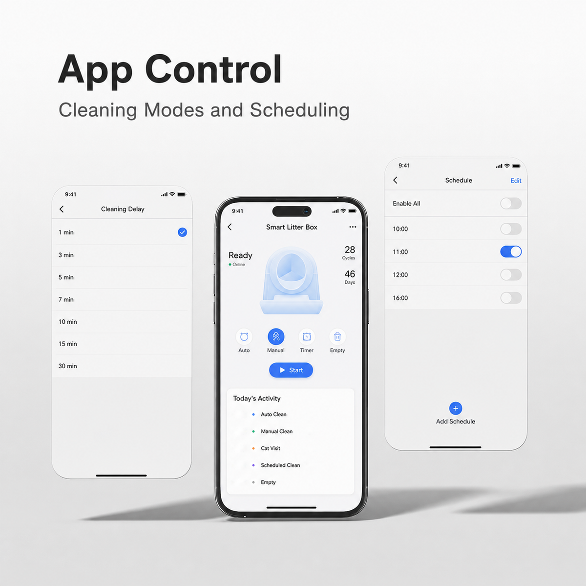 Three ProX app screens showing cleaning-delay options, automatic and manual modes, and scheduled cleaning times.