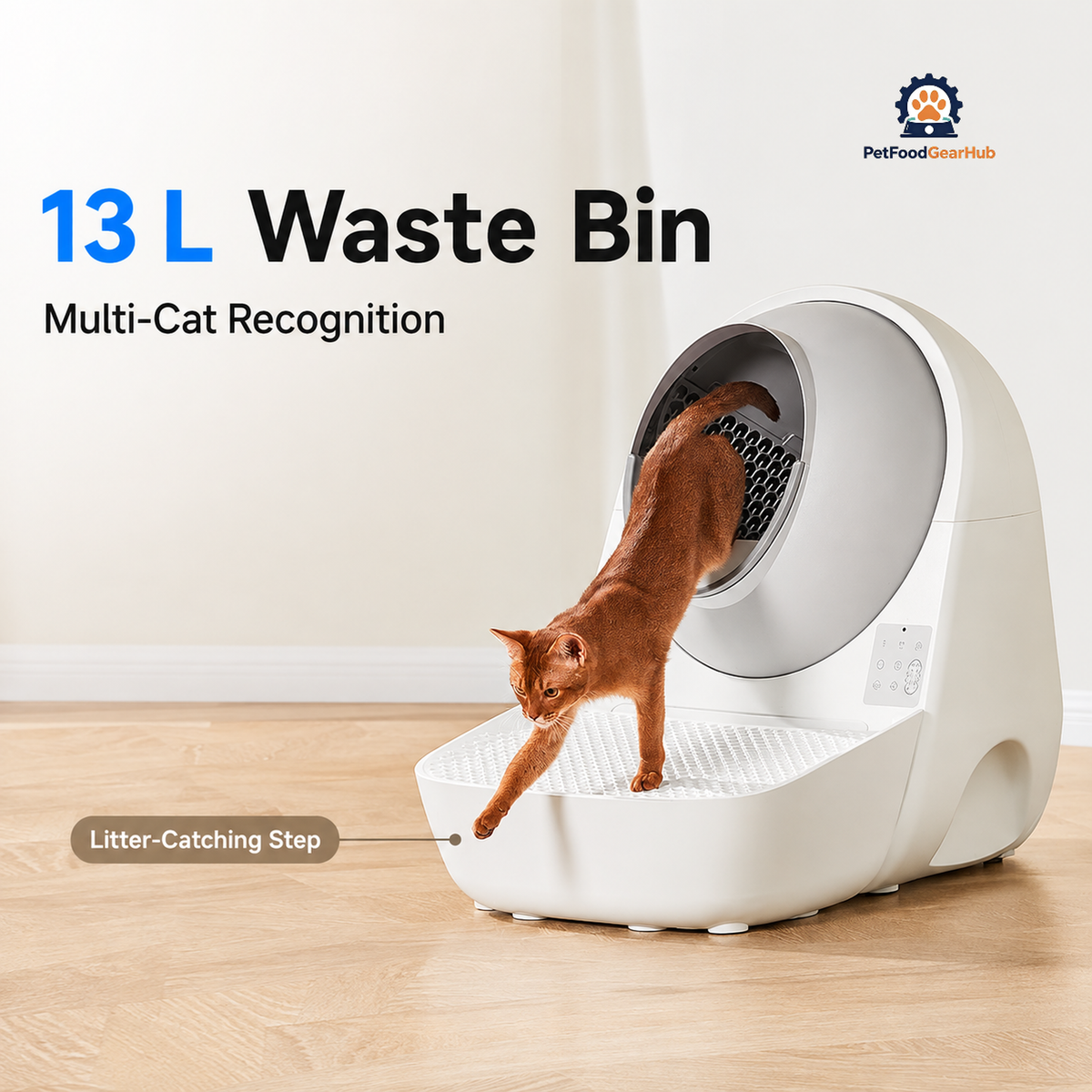 ProX automatic litter box with a ginger cat leaving onto a white litter-catching step and a 13 L waste-bin caption.