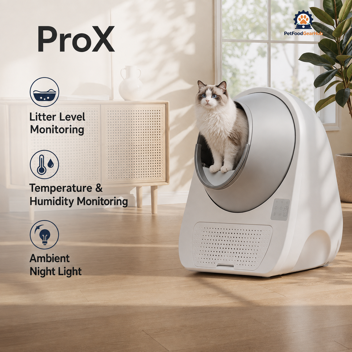 ProX litter box with a Ragdoll cat and feature labels for litter level, temperature and humidity, and ambient night light.