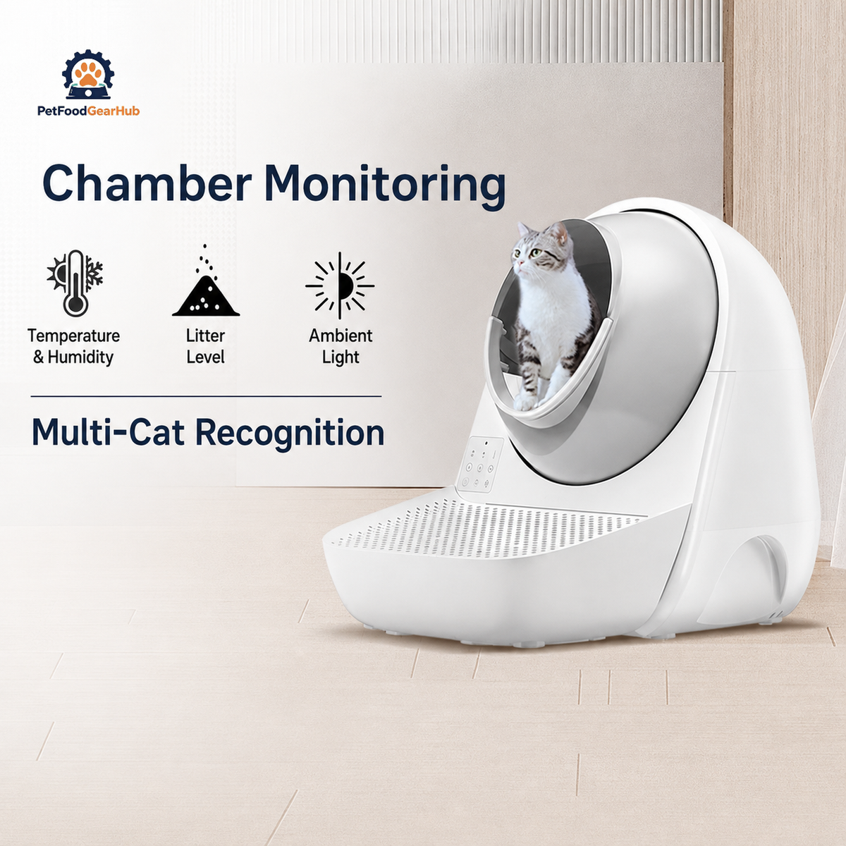 ProX litter box with a gray cat and white litter-catching step, alongside chamber-monitoring and multi-cat feature labels.