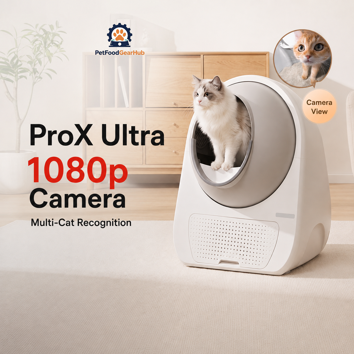ProX Ultra automatic litter box with a Ragdoll cat and a circular camera-view inset highlighting the 1080p camera.