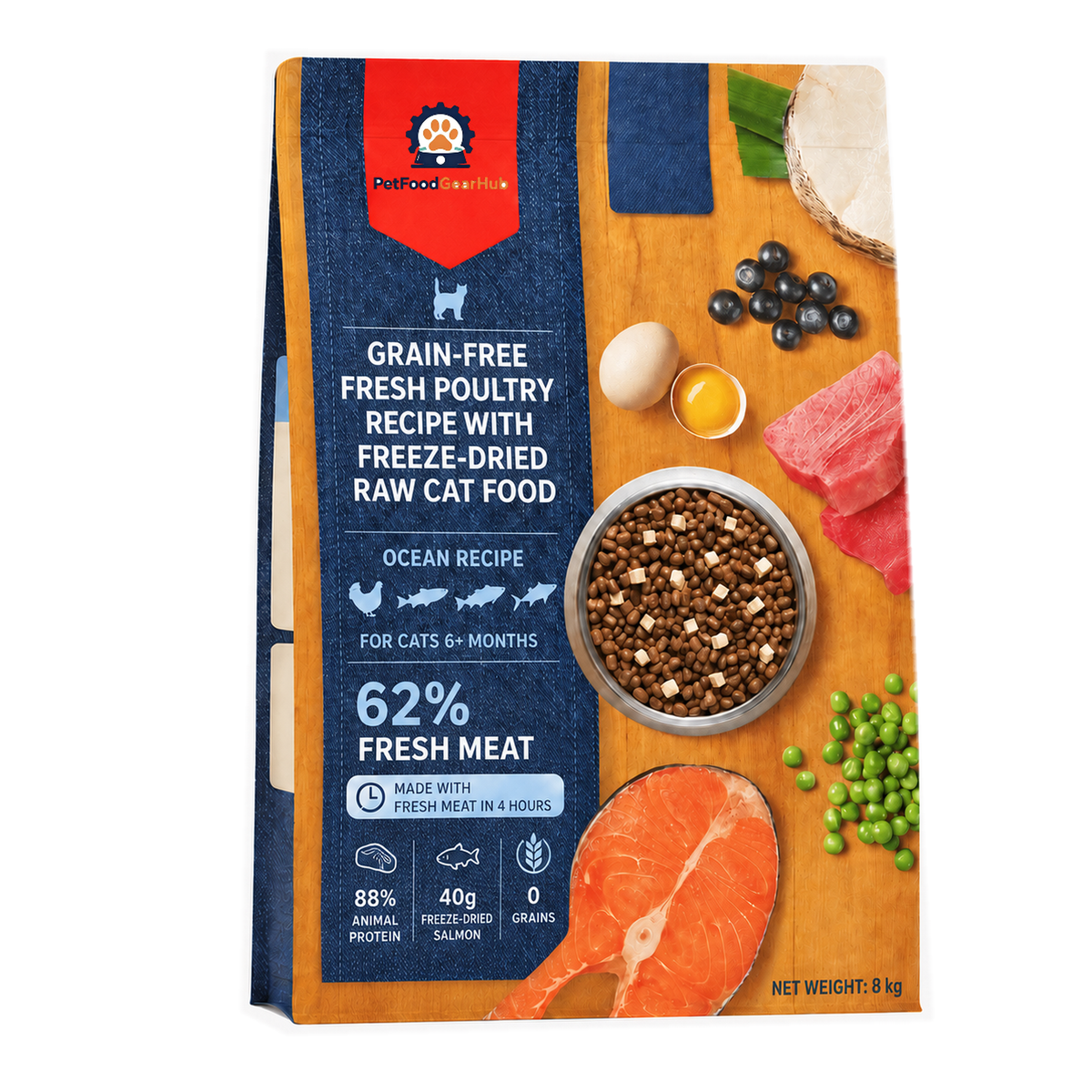 PetFoodGearHub Ocean Recipe grain-free cat food in an 8 kg blue and orange pouch with fish and ingredient illustrations.