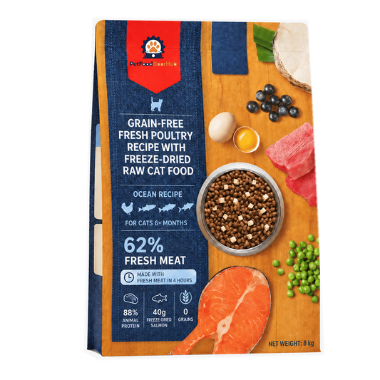PetFoodGearHub Ocean Recipe grain-free cat food in an 8 kg blue and orange pouch with fish and ingredient illustrations.