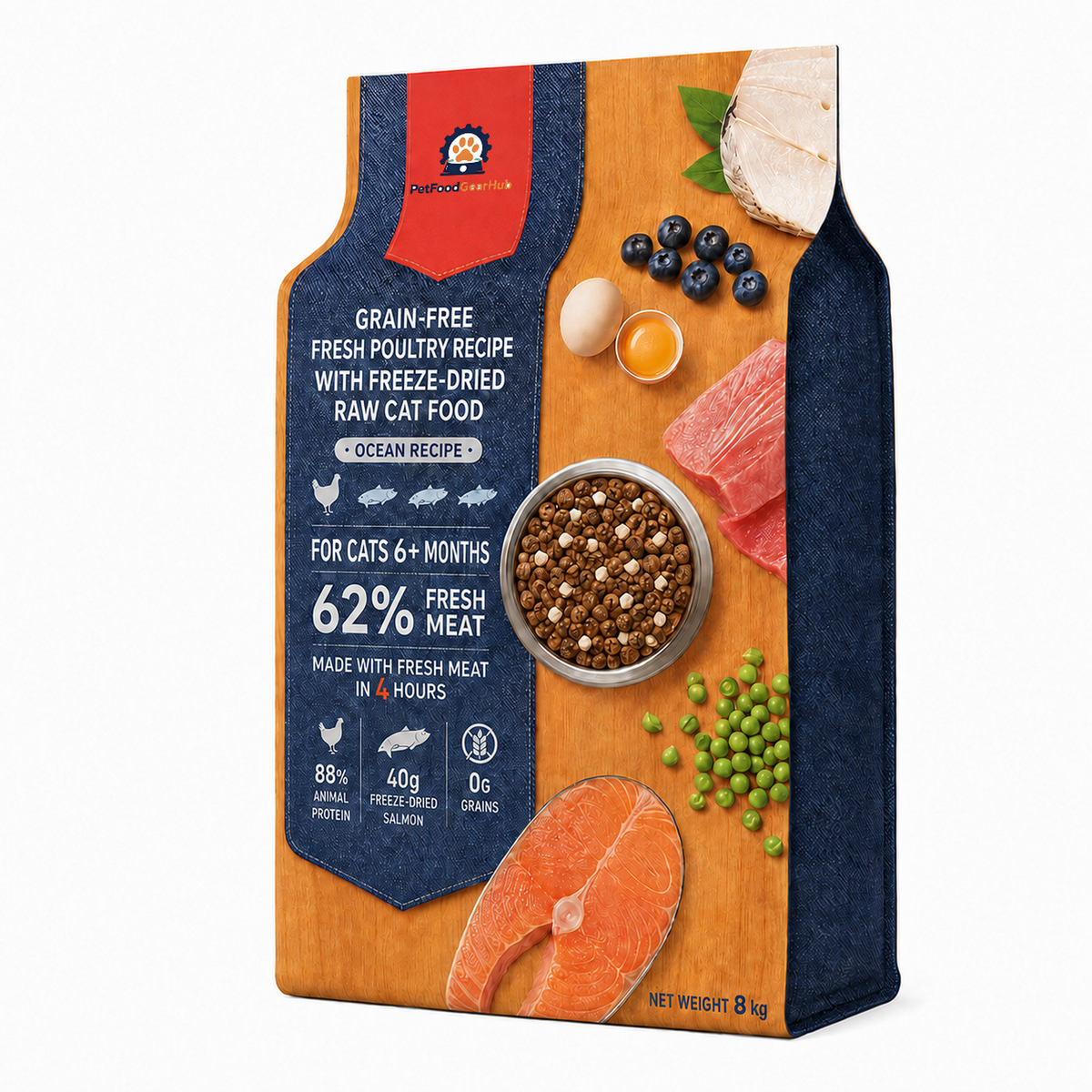 Angled 8 kg PetFoodGearHub Ocean Recipe cat food pouch, showing its blue side, fresh meat information and fish artwork.