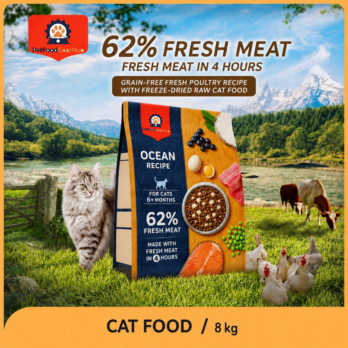 PetFoodGearHub 8 kg Ocean Recipe cat food pouch in a meadow scene with a cat, cattle and chickens, labeled 62% fresh meat.