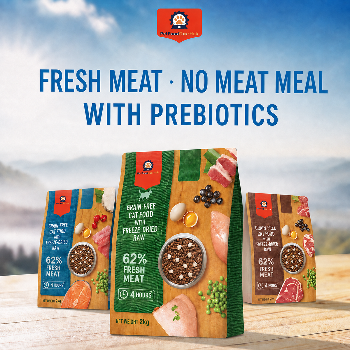 Three PetFoodGearHub 2 kg cat food pouches in ocean, farm and meat recipes, displayed with fresh meat and prebiotic information.