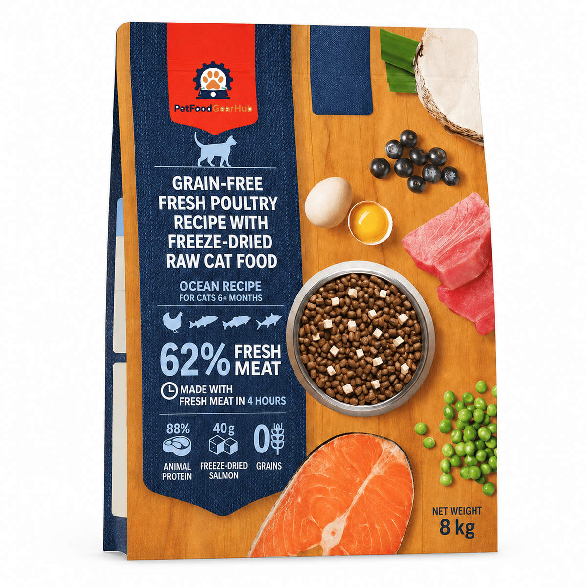 Front view of the PetFoodGearHub 8 kg Ocean Recipe pouch, with English recipe details and original fish and food illustrations.